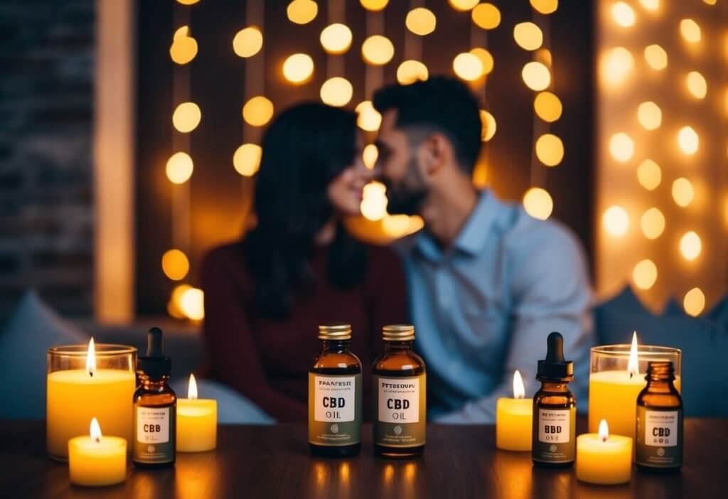 A couple sits close, surrounded by glowing candles and vials of amber CBD oil, creating an intimate and romantic atmosphere for Valentine's Day