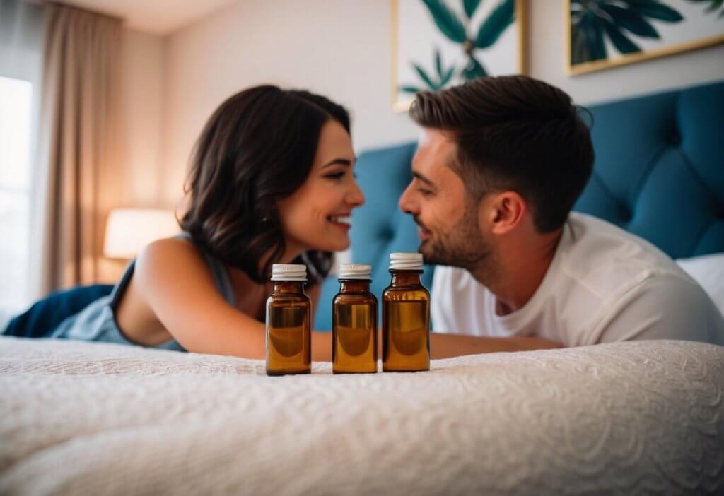 An intimate couple in a tasteful bedroom with vials of amber CBD oil visible