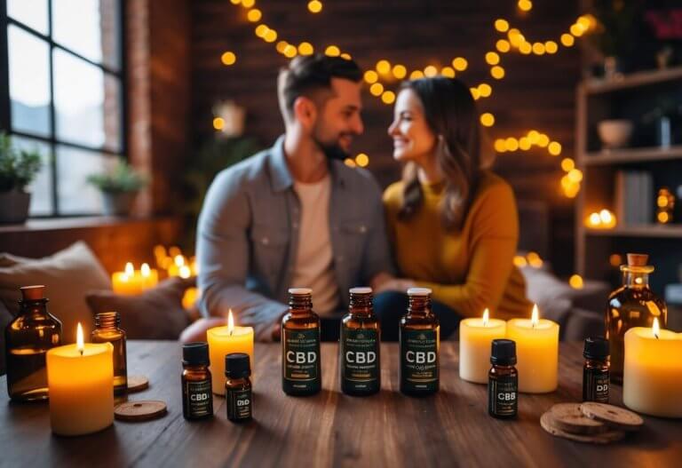 CBD for sex. A couple sits in a cozy room surrounded by candles and vials of amber CBD oil, creating a romantic and intimate atmosphere