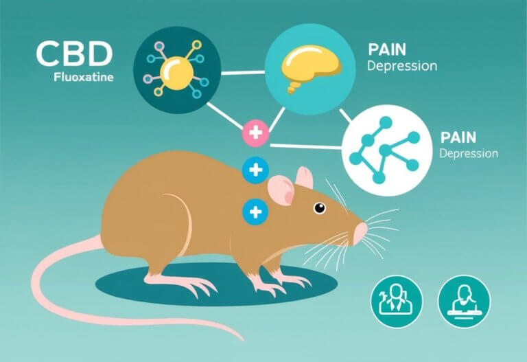 The illustration depicts a rat model with CBD and fluoxetine molecules, along with icons representing pain and depression to visualize the treatment effects