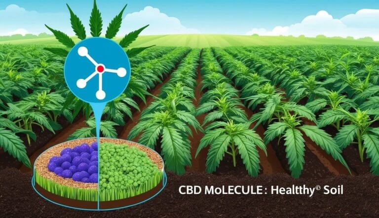 A thriving crop field with a CBD molecule and cross-section of healthy soil