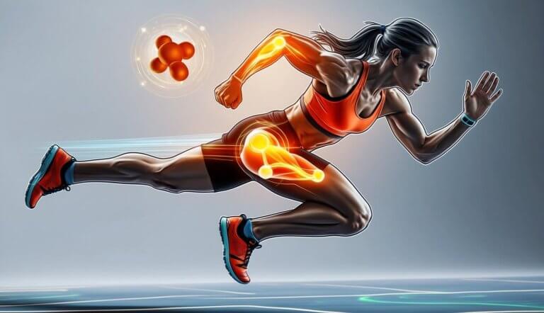 An energetic athlete in motion with a glowing CBD molecule and a visualization of muscle recovery