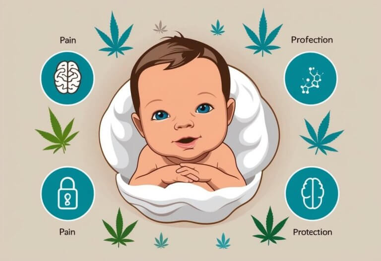 A stylized newborn baby surrounded by CBD molecules, with icons representing pain and protection, and a detailed illustration of the brain