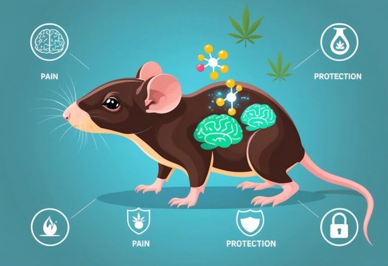 A stylized newborn rat pup with CBD molecules interacting with its brain, alongside icons for pain and protection.