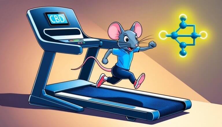 A determined mouse runs on a treadmill with a digital display, while a stylized CBD molecule glows nearby