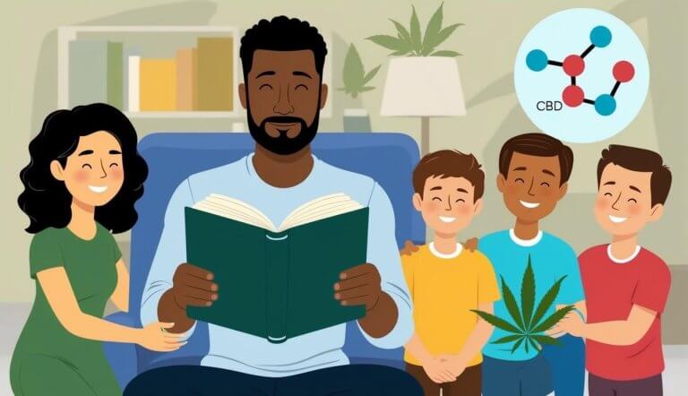 A person with a calm expression reads a book, surrounded by family. A simplified CBD molecule is displayed nearby