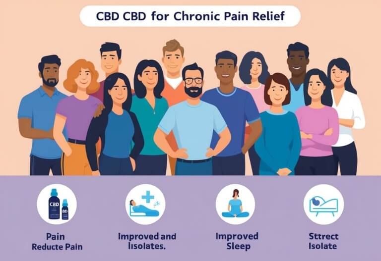 A diverse group uses CBD for chronic pain relief. Icons show pain reduction and improved sleep. CBD isolate products are featured