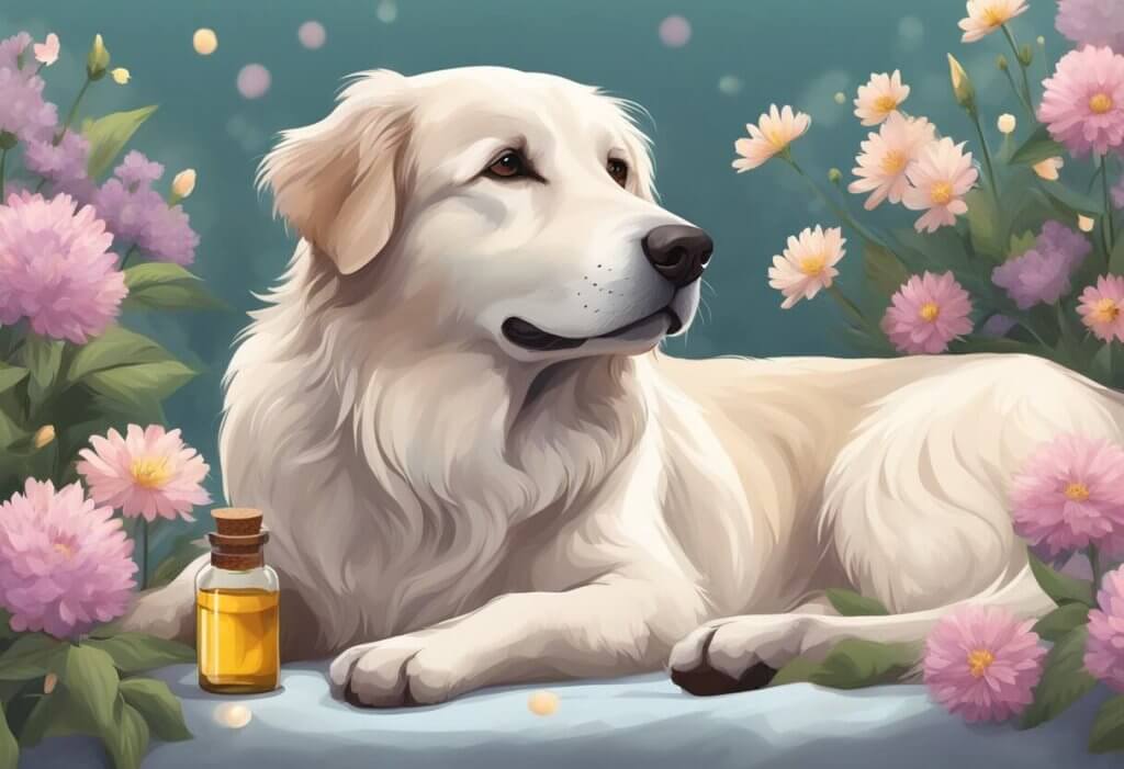 A senior dog lying on a soft bed, surrounded by blooming flowers and receiving a gentle massage with CBD oil on its achy joints