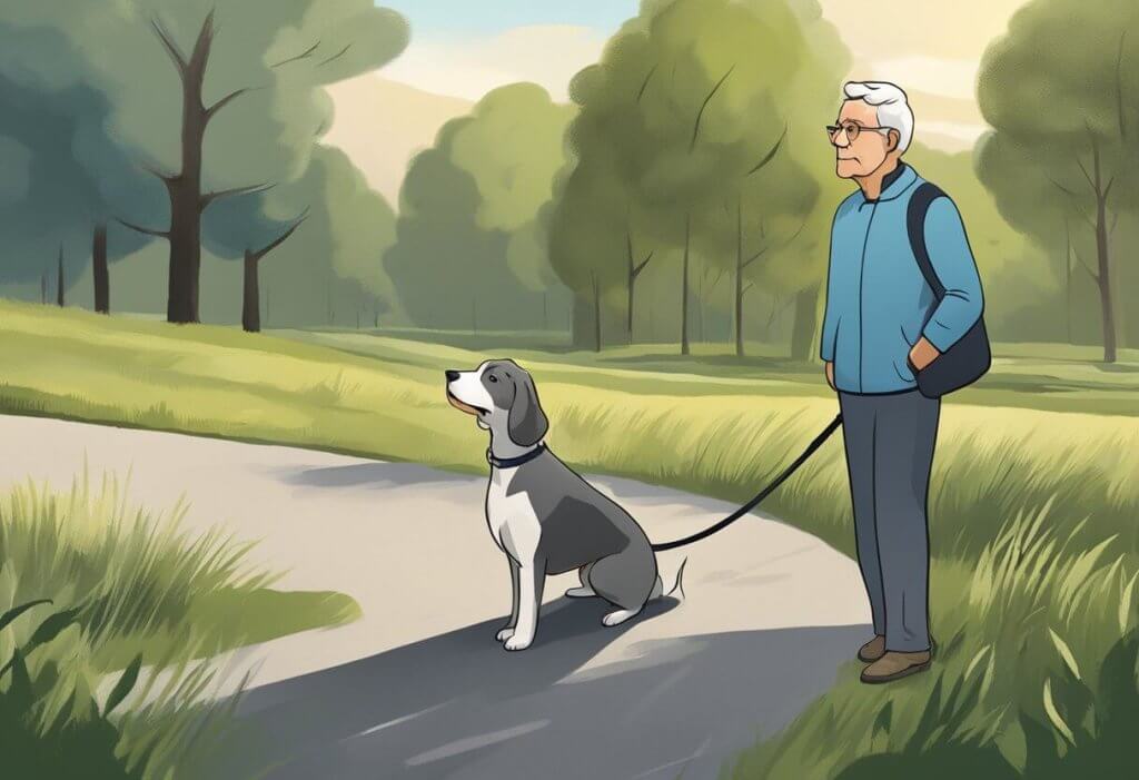 A senior dog with a grey muzzle, limping on a grassy path, with a concerned owner looking on