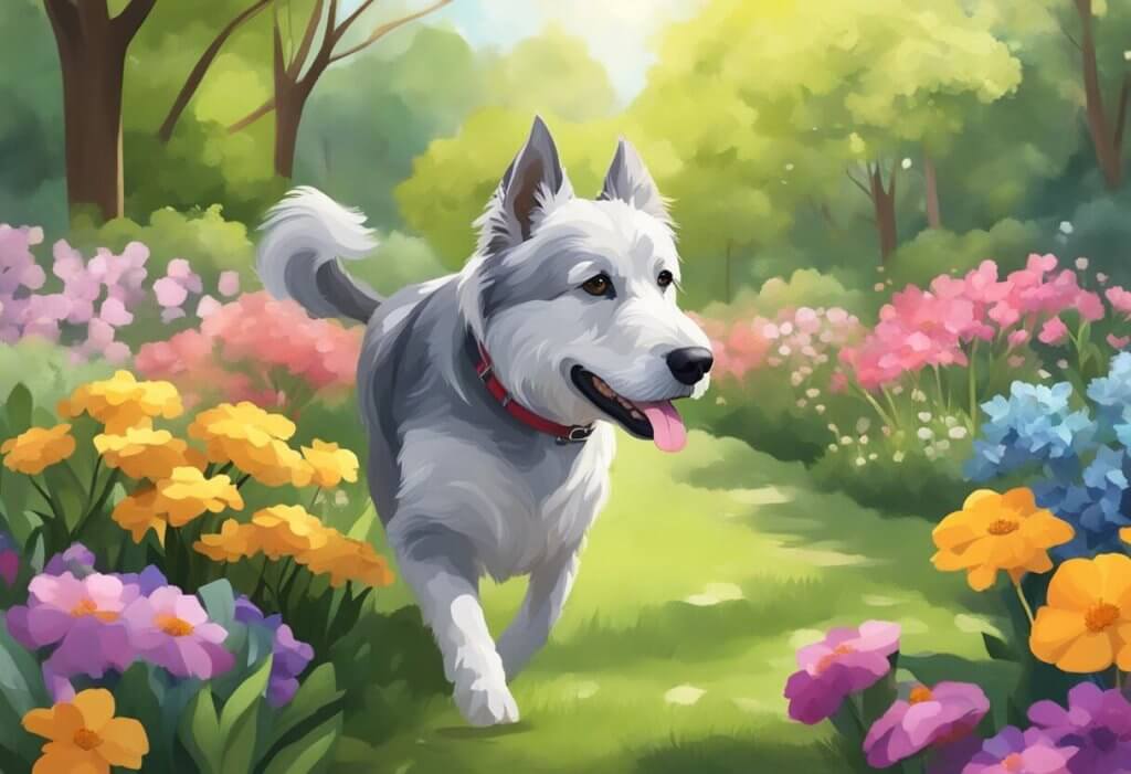 A senior dog with a gray muzzle and a limp walks through a blooming spring garden, surrounded by vibrant flowers and greenery